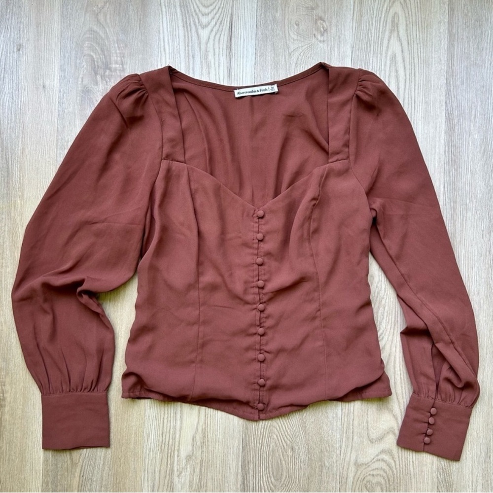Abercrombie & Fitch Brown Maroon Sweetheart Puff Sleeve Button Top